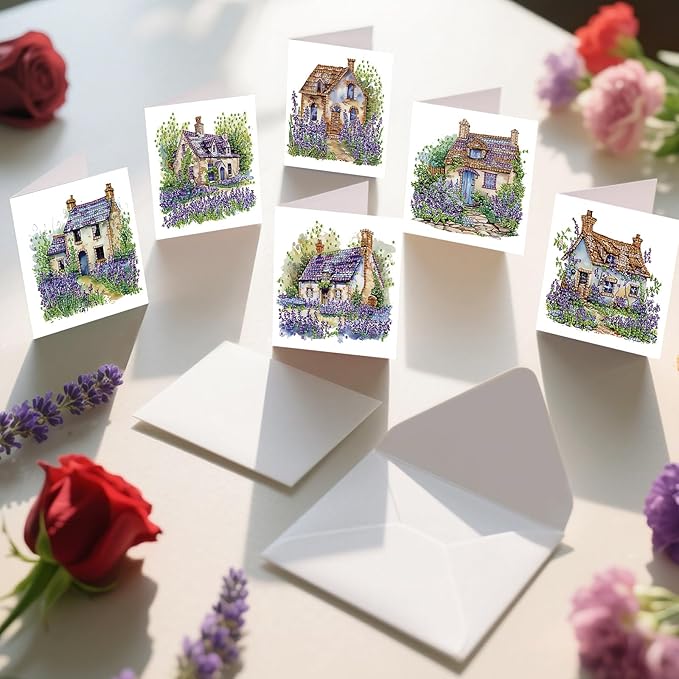 jinglinhh 12pcs Diamond Art Painting Lavender Flower House Bench Greeting Cards with Envelopes, DIY Card Making Kits for Adults, Diamond Art Postcards Christmas Cards Craft Gifts