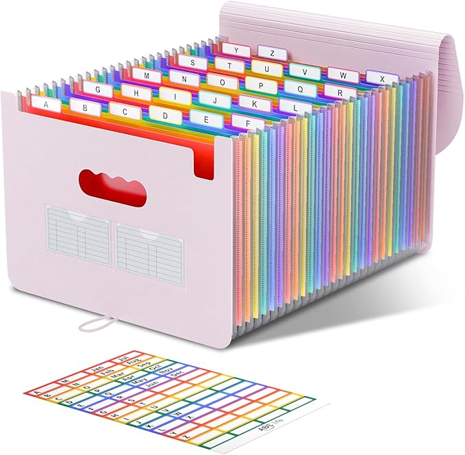 ABC life 26 Pockets Accordion File Organizer, Expanding File Folder, Portable Monthly Paper Bill Tax Receipt Organizer, Letter A4 Size Document Organizer with Blank Labels - Pinkish Purple