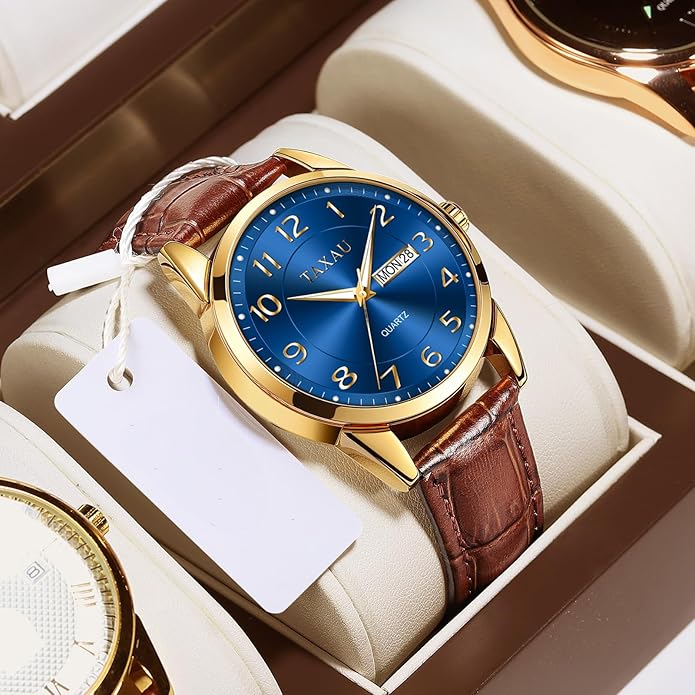 Men's Watch Big Face Easy Read Arabic Numeral Dress Watches for Men Classic Black Brown Leather Band Analog Mens Wrist Watch with Day and Date Fashion Business Waterproof Luminous Quartz Watch