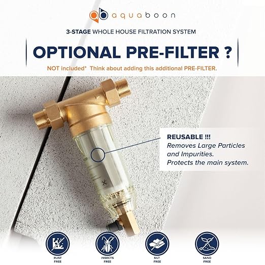 Aquaboon 3-Stage Whole House Water Filtration System with 20" Sediment, KDF, Carbon Filters, Pressure Gauges & Release, Wrench, White Coated Bracket