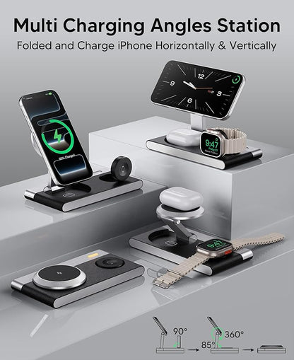 Foldable 3 in 1 Magnetic Wireless Charging Station for Apple Devices, Leather-Like Fast Wireless Charger Dock with Night Light for Magsafe iPhone 17/16/15/14, Apple Watch, AirPod,Gift for Men