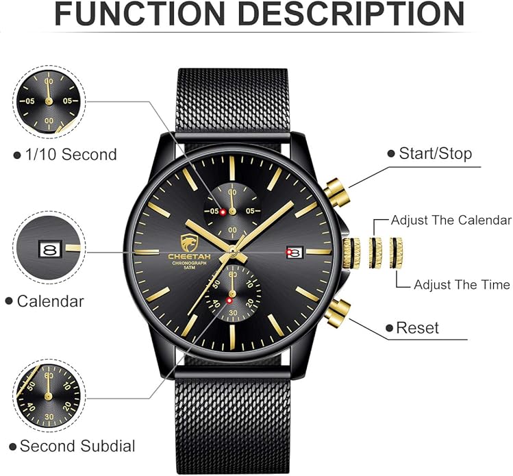 GOLDEN HOUR Mens Watch Fashion Sleek Minimalist Quartz Analog Mesh Stainless Steel Waterproof Chronograph Watches for Men with Auto Date