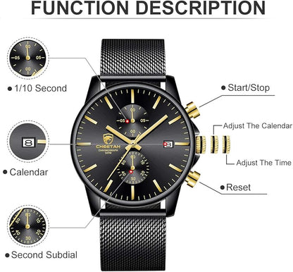 GOLDEN HOUR Mens Watch Fashion Sleek Minimalist Quartz Analog Mesh Stainless Steel Waterproof Chronograph Watches for Men with Auto Date