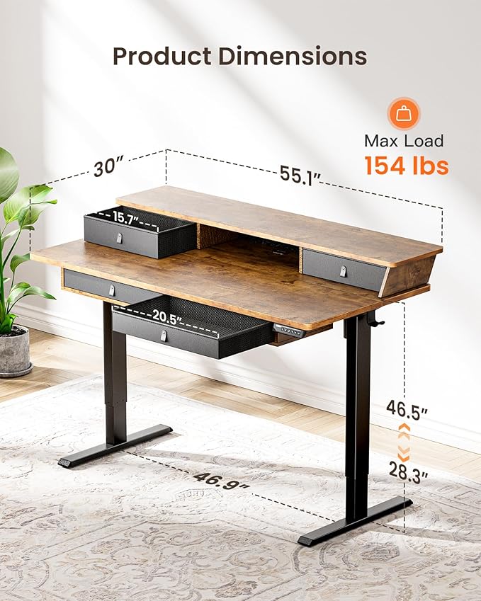ErGear Electric Standing Desk with 4 Drawers, 55" x 30" Height Adjustable Desk with Storage, C-Clamp Mount Compatible, Computer Home Office Table with Cable Management Tray, Vintage Brown