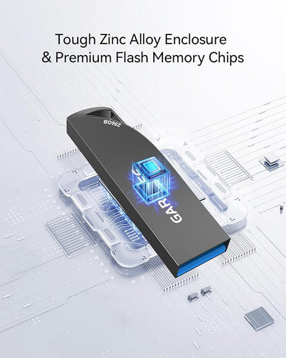 256GB USB 3.0 Flash Drive, Metal Waterproof & Slim Portable Memory Stick with Keychain Hole, Thumb Drive for PC/Laptop/Car/Travel Data Storage