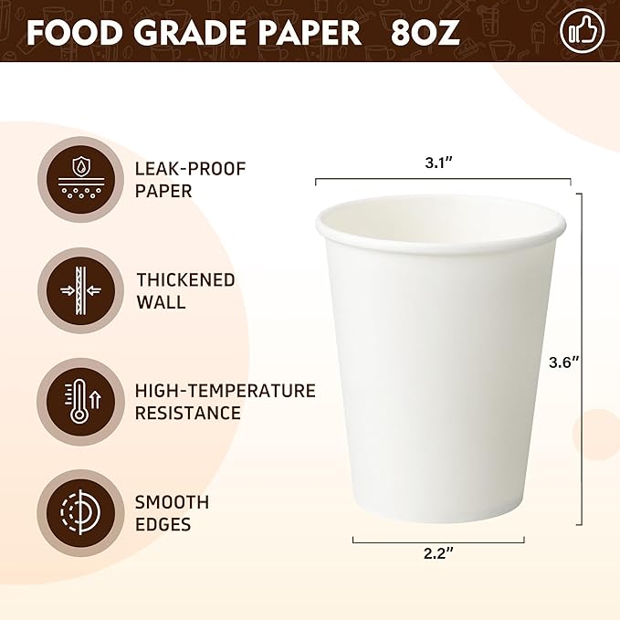 YEEHAW 8 oz 500 Pack Disposable Paper Coffee Cups, White Hot Drinking Cups for Hot Coffee, Hot Liquid, Ideal for Cafes, Bistros, Businesses and Family