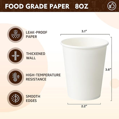 YEEHAW 8 oz 500 Pack Disposable Paper Coffee Cups, White Hot Drinking Cups for Hot Coffee, Hot Liquid, Ideal for Cafes, Bistros, Businesses and Family