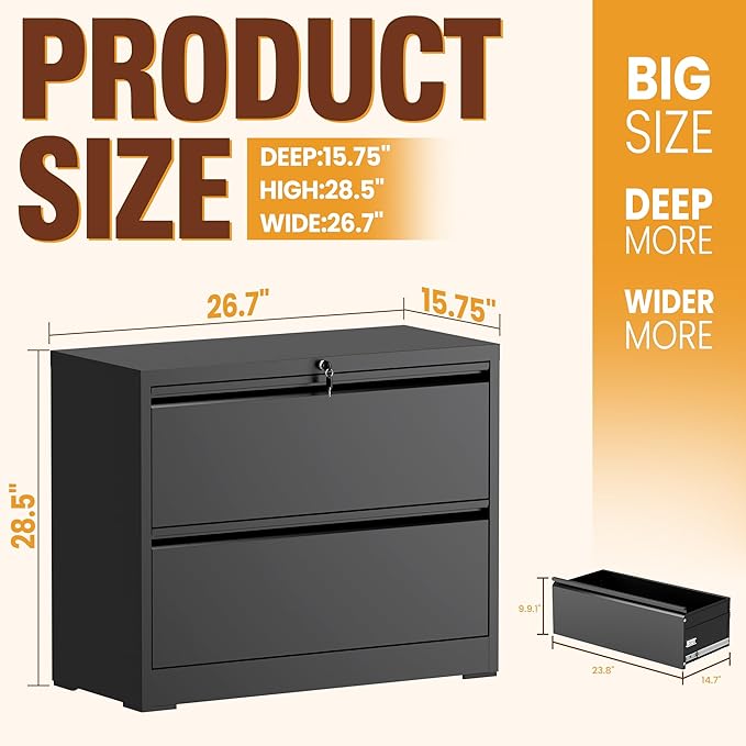 2-Drawer Lateral File Cabinet with Lock, Black Metal Filing Cabinet for Office or Home – Secure Storage for Letter/Legal/A4/F4 Documents, Easy to Assemble Locking File Organizer (Black, 2 Drawer-26"W)
