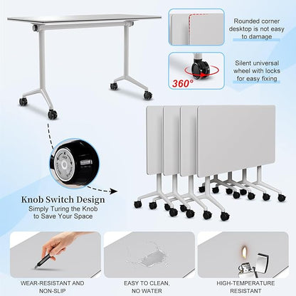 Conference Table, Folding Conference Room Tables, Modern Flip Top Seminar Training Meeting Table with Wheels, Modular Foldable Conference Tables for Home Office Classr (White 6 Pack, 47.2inch)