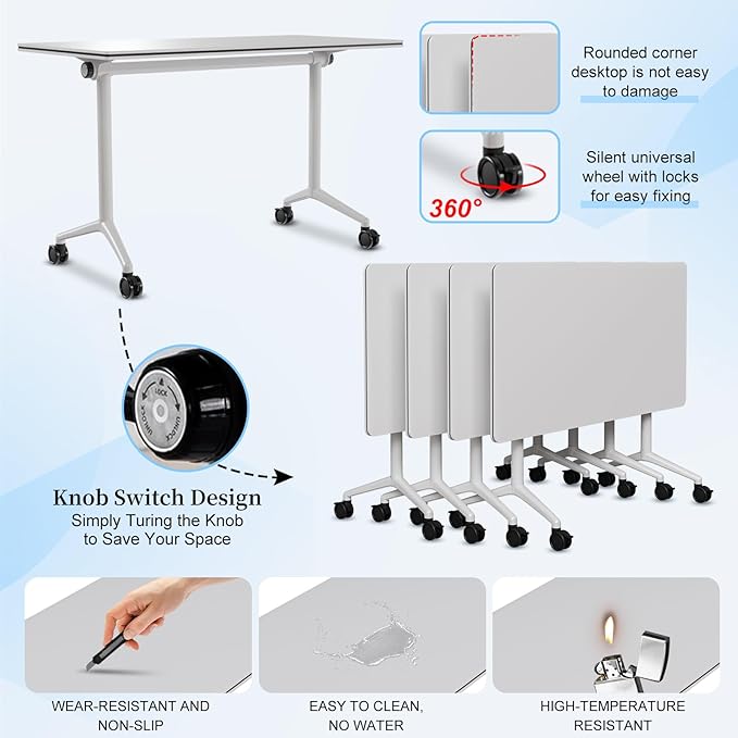 Conference Table, Folding Conference Room Tables, Modern Flip Top Seminar Training Meeting Table with Wheels, Modular Foldable Conference Tables for Home Office Classr (White 6 Pack, 70.8inch)