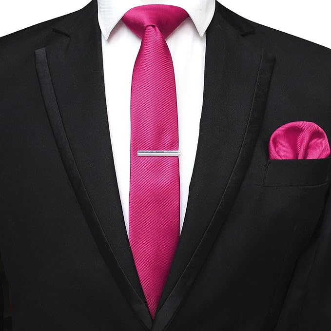 JEMYGINS 2.4" Solid Color Skinny Tie and Pocket Square with Tie Clip Sets for Men (6cm)