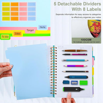 Hardcover Spiral Notebook 8"x10" Journal Notebook with Tabs and Removable Dividers 300 Pages 5 Subject Notebook College Ruled, Faux Leather Spiral Bound Notebook for Women School Work (Sage Green)