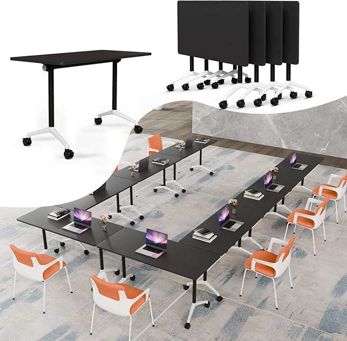 Folding Conference Table, Rectangular Conference Room Tables, Mobile Modular Training Table, Solid Steel Frame,Thickened Panel,for Offices,Meeting Room,Offices andSchools (4, Black, 55in)