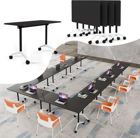 Folding Conference Table, Rectangular Conference Room Tables, Mobile Modular Training Table, Solid Steel Frame,Thickened Panel,for Offices,Meeting Room,Offices andSchools (4, Black, 71in)