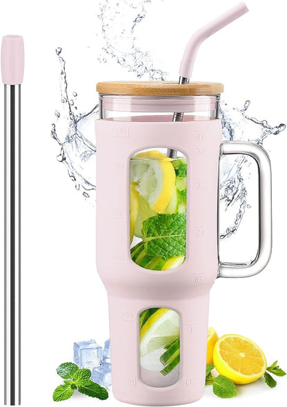Glass Tumbler with Lid and Straw, 46 oz Iced Coffee Cup with Handle, Large Water Bottles with Silicone Sleeve, Glass Cup with Straws - Pearl Straw & Drinking Straw BPA Free-CottonPink