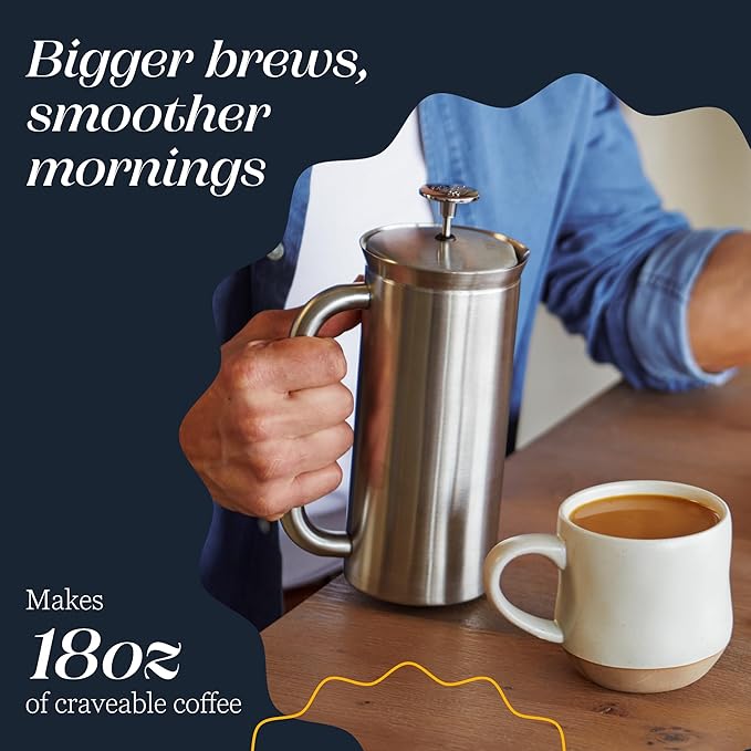 ESPRO P7 Brushed Stainless Steel French Press 304 – Patented Double Walled Micro-Filter Insulated French Press Coffee Maker, Grit-Free Brew - Heat Resistant BPA Free (18oz)