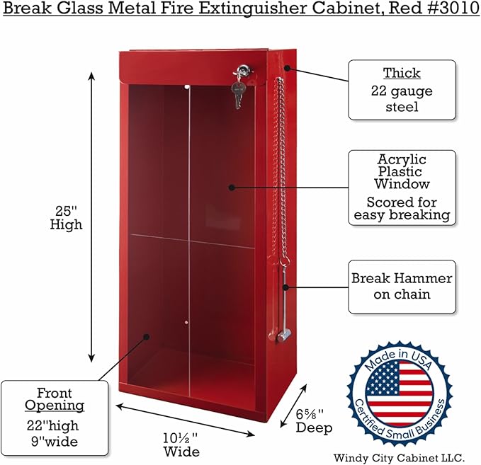 Fire Extinguisher Mount - Red Cabinet with Break Glass Window & Breaker Bar - 22 Gauge Steel, Powdercoat Finish, Universal Wall Mountability, 5 -10 lb. Capacity, Made in USA, Extinguisher Not Included