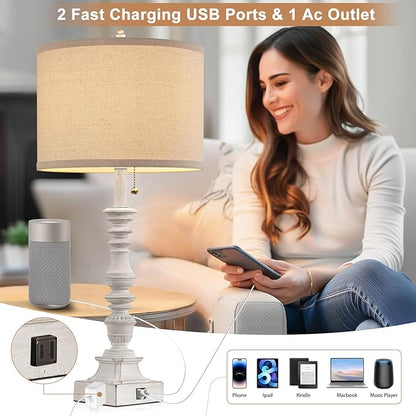 Farmhouse Table Lamps for Bedroom Set of 2, 29.5" Tall Rustic Bedside Lamp with USB Ports and AC Outlet, Vintage Nightstand Table Lamp for Living Room with Linen Drum Shade, White, Pull Chain