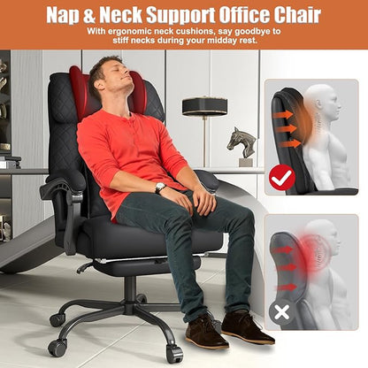 Ergonomic Office Chair with Footrest, 400lbs High Back Executive Home Office Computer Chair with Unique Ear-Shape Headrest for Neck Support,Black Leather Office Chairs for Home Office Work