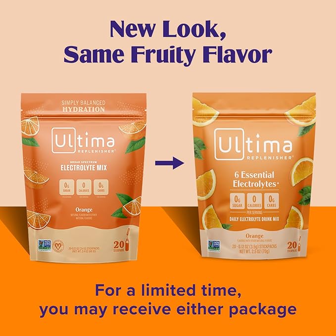 Ultima Replenisher Daily Electrolyte Powder Drink Mix –Sugar Free – Orange, 20 Stickpacks – Hydration Packets with 6 Key Electrolytes and Trace Minerals – Keto Friendly, Vegan, Non-GMO