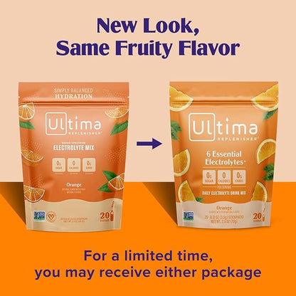 Ultima Replenisher Daily Electrolyte Powder Drink Mix –Sugar Free – Orange, 20 Stickpacks – Hydration Packets with 6 Key Electrolytes and Trace Minerals – Keto Friendly, Vegan, Non-GMO