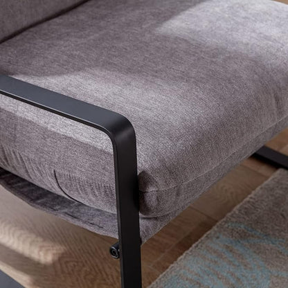 Mid-Century Accent Chair, Comfy Linen Fabric Side Chair with Armrest, Upholstered Leisure Chair with Black Metal Frame for Living Room Bedroom Reception Room, Grey