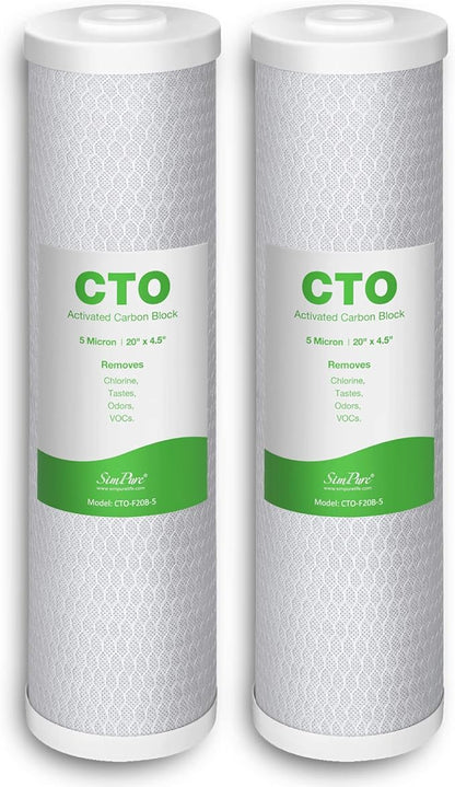 SimPure 20 x 4.5 inch 5 Micron Big Whole House Water Filter | CTO Activated Carbon Filter Replacement Cartridge Coconut shell Charcoal Filter | Matches DB20P, FC25B, CTO20BB (2 Pack)