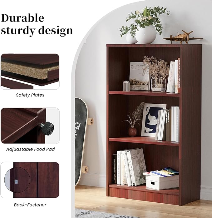 Bookshelf, 3 Shelf Bookcase Open Modern Bookshelf, Bookcase with Freestanding Display Storage, Wooden Book Shelf for Bedroom, Living Room, Dinning Room, Office, 60 Inch, Deep Brown