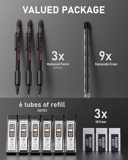 Nicpro 0.9 Metal Mechanical Pencil Set with Case, 3PCS Hevey Duty MP2000 Lead Pencil With 6 Tube HB Lead Refills 0.9mm, Erasers, Weatherproof Barrel for Outdoor Writing Drafting Drawing Sketching