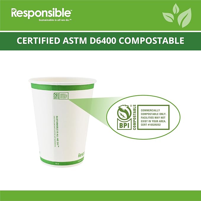 Responsible Products Certified Compostable 12 oz Paper Cups, Cold ＆ Hot Coffee Cups, Disposable Paper Cups, Extra Strength Disposable Cups, Made without PFAS (50 count)