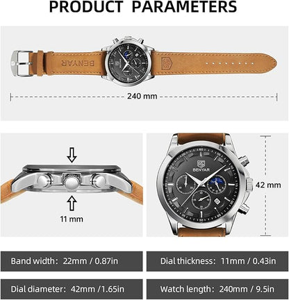 BY BENYAR Mens Watches Analog Quartz Chronograph Waterproof Wrist Watches for Men Fashion Business Work Casual Sport Designer Dress Watch with Calendar Elegant Gifts for Men