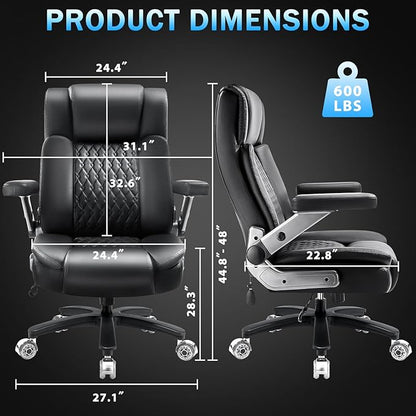Big and Tall Office Chair 600lbs with 5D Flip Arms, Heavy Duty Executive Leather Office Chairs, Black Ergonomic Office Chair with Adjustable Lumbar Support & Pocket Spring Cushion, Dual Rubber Wheel