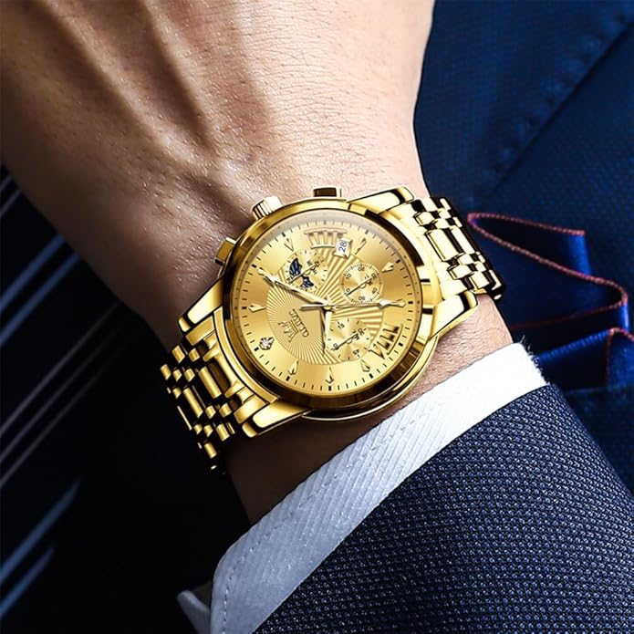 OLEVS Men's Luxury Watch Waterproof Luminous Easy Read Chronograph Watches Full Gold/White Dail/Black Face with Calendar Wristwatch