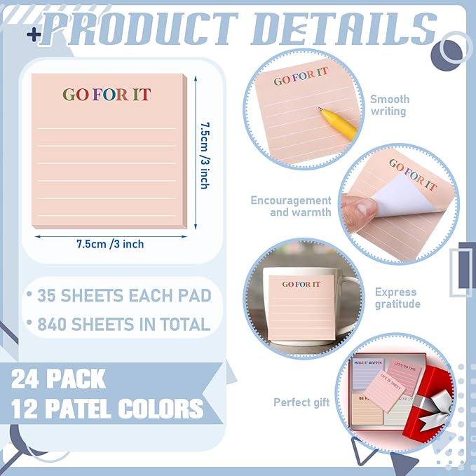 Yinder 24 Pcs Inspirational Sticky Notes Christmas Stocking Stuffers Motivational Sticky Notes Pad Employee Appreciation Gift Bulk for Teacher Nurse Coworker Office 3 x 3'' (Motivational,Aesthetics)