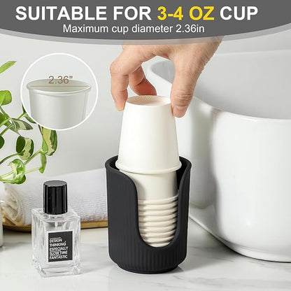 Ceramic Bathroom Cup Dispenser with Stylish Vertical Stripes - Disposable Mouthwash Cup Holder Holds 3-4oz Paper Cups for Rinsing Cups on Bathroom Vanity Countertops (Matte Black)