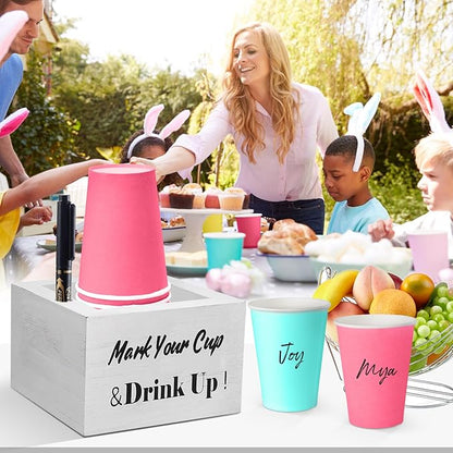 Wooden Cup Holder - Party Cup Holder with Marker Slot, Cup Holder for Party and Wedding, Rustic Disposable for Bar, Kitchen, Countertop, Home & Office, White