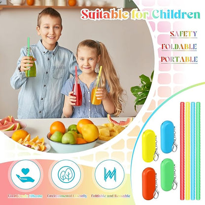 Meanplan 4 Sets Cruise Ship Essentials,4 Set Silicone Straws with Case Reusable Silicone Portable Drinking Straw Set for Party Travel Cold or Hot with 4 Carry Case, 4 Cleaning Brushes (Rainbow Colors)