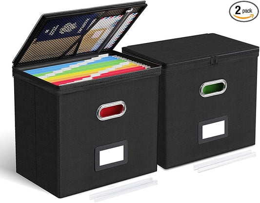 Oterri 2 Pack File Organizer Boxes with Lids, File Box with Mesh Pockets, Document Organizer Box for File Folders Letter Size, Zippers Filing Box for Home, Office, School (Black, Without Folders)