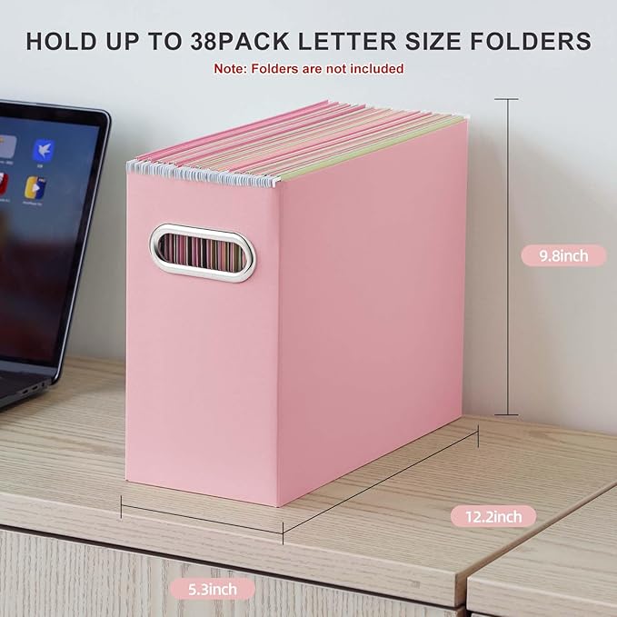 Oterri File Organizer, 2 Packs Small Storage Box, Cardboard File Folder Organizer, Collapsible File Box for Hanging File Folders Letter Size, Portable Filing Organizer with Handle（Pink）
