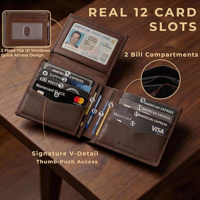 Men's Genuine Leather Wallet: Bifold RFID Blocking, 12 Card Slots & 2 Flip-up ID Window with Gift Box, Vintage Brown