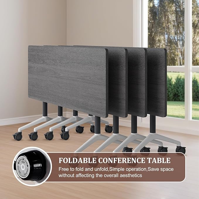 Folding Conference Table Modern Large Mobile Meeting Table Rolling Conference Room Tables with Wheels Seminar Tables for Office Training Classroom (4, Oak Grey, 55" D X 23.6" W X 29.5" H)