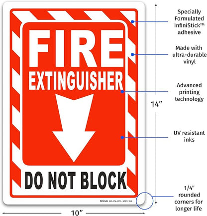 Brimar - 7 x 10" - Fire Extinguisher Do Not Block Sign - 3.5 Mil InfiniStick™ Vinyl Label - Fire Safety Compliant - Easy Installation