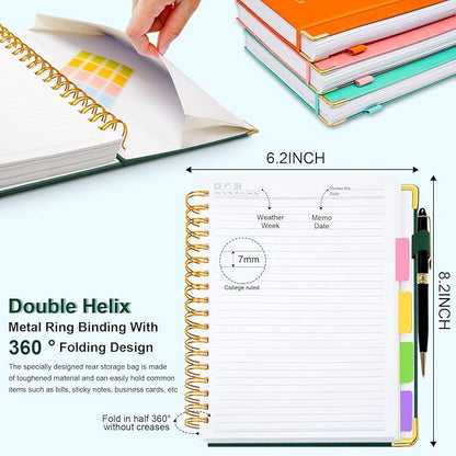Hardcover Spiral Notebook 6.2"x 8.2" Journal Notebook with Tabs and Removable Dividers 300 Pages 5 Subject Notebook College Ruled, Faux Leather Spiral Bound Notebook for Women School Work(Green)