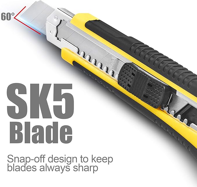 DOWELL Utility Knife Box Cutter Retractable Self Loading Heavy Duty Snap Off Quick Change Extra Blades(3PCS) TPR+PP Handle Cutting Cardboard Boxes or DIY
