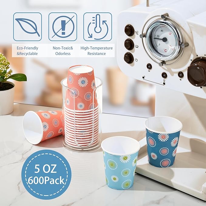 SIUQ [600 Pack 5 oz Paper Cups, Disposable Bathroom Cups, Small Mouthwash Cups, Hot/Cold Beverage Drinking Mini Cup for Party, Picnic, BBQ, Travel (Daisy)