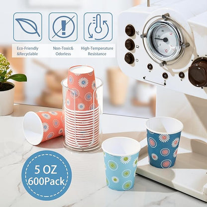SIUQ [600 Pack 5 oz Paper Cups, Disposable Bathroom Cups, Small Mouthwash Cups, Hot/Cold Beverage Drinking Mini Cup for Party, Picnic, BBQ, Travel (Daisy)