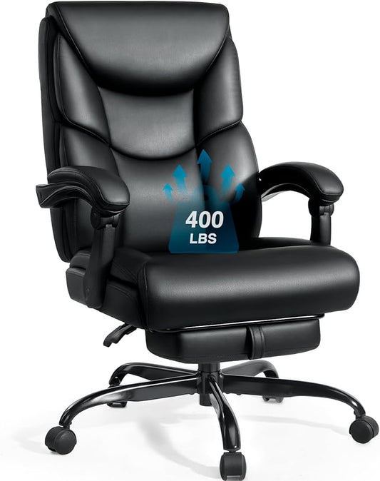 400lbs Office Chair with Foot Rest, Reclining Big and Tall Office Chair with Lumbar Support Spring Cushion, High Back PU Leather Computer Chair,Comfy Desk Chair for Home Office