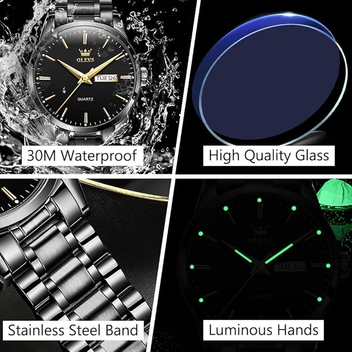 Men's Casual Stainless Steel Watch, Big Face Easy to Read Analog Quartz Watch with Day and Date, Classic Waterproof Diamond Roman Arabic Numerals Dial Dress Watch for Men, Gold Silver Black Band