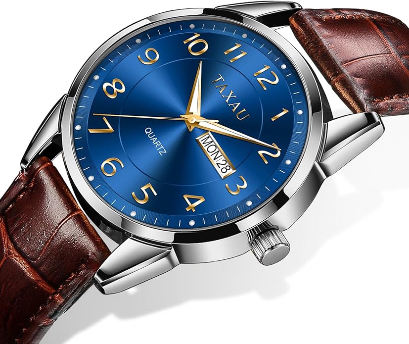 Men's Watch Big Face Easy Read Arabic Numeral Dress Watches for Men Classic Black Brown Leather Band Analog Mens Wrist Watch with Day and Date Fashion Business Waterproof Luminous Quartz Watch