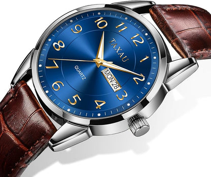 Men's Watch Big Face Easy Read Arabic Numeral Dress Watches for Men Classic Black Brown Leather Band Analog Mens Wrist Watch with Day and Date Fashion Business Waterproof Luminous Quartz Watch